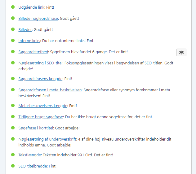 on-page seo i Yoast med grønne godkedte seotiltag